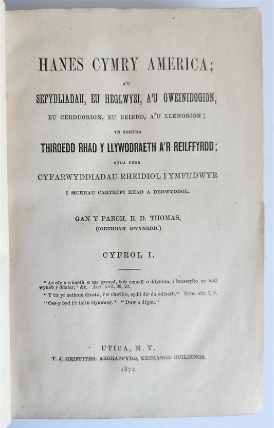 1872 HISTORY of WELSH in AMERICA antique HANES CYMRY AMERICANA