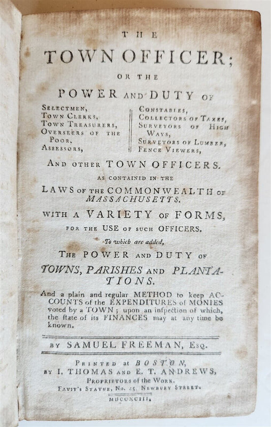 1793 TOWN OFFICER by SAMUEL FREEMAN antique in ENGLISH Boston AMERICANA