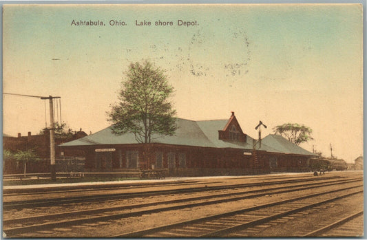 ASHTABULA OH LAKE SHORE RAILROAD STATION RAILWAY DEPOT 1910 ANTIQUE POSTCARD
