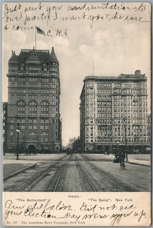 NEW YORK NY HOTELS SAVOY & NETHERLANDS ANTIQUE POSTCARD