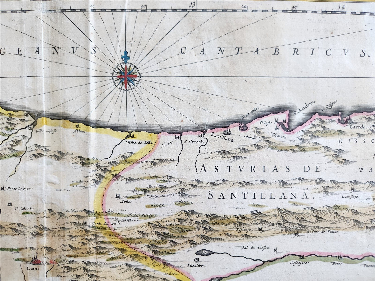 1640 ASTURIAS SPAIN MAP by WILLEM BLAEU antique AUTHENTIC hand colored