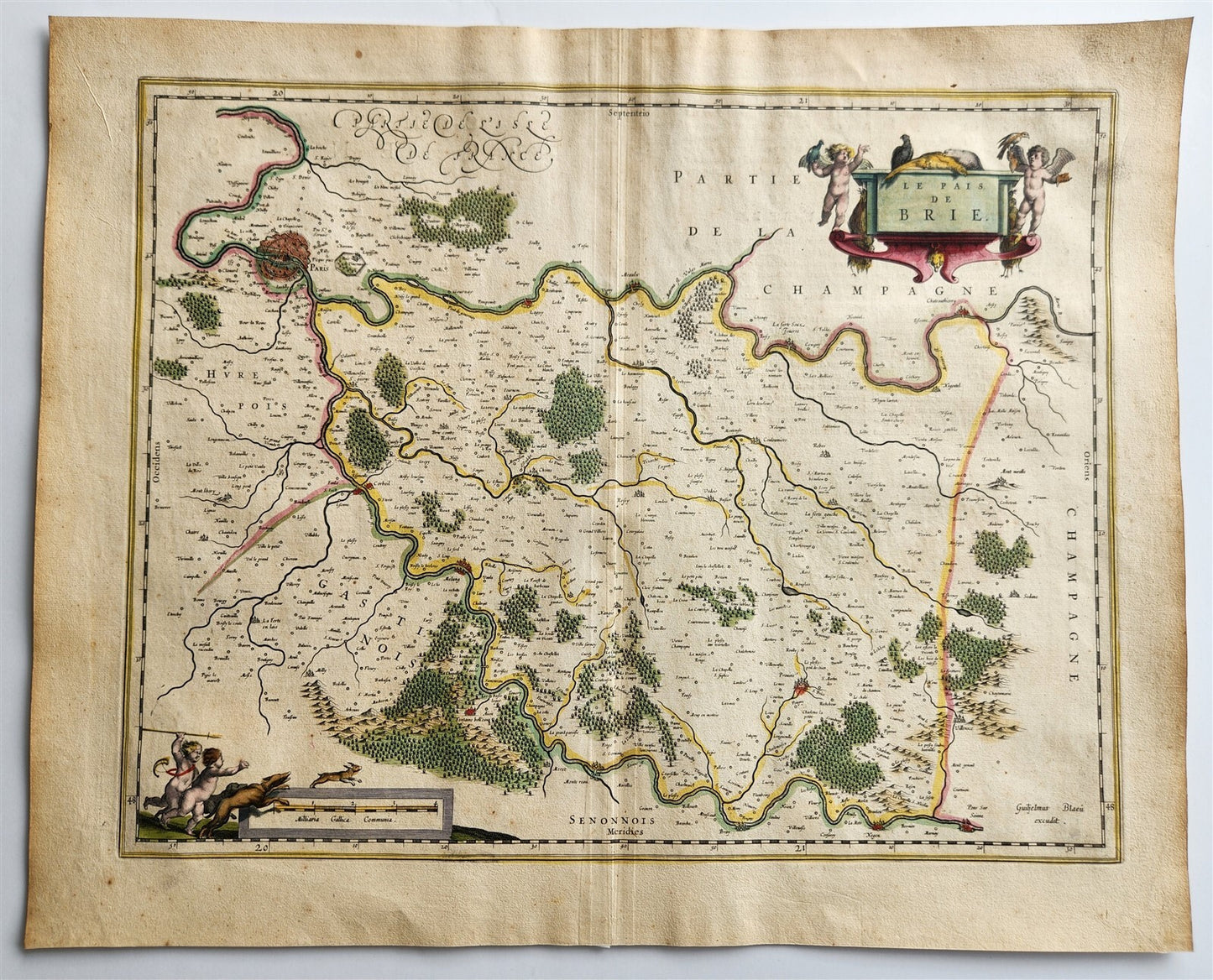 1640 MAP of LE PAIS de BRIE FRANCE by WILLEM BLAEU antique AUTHENTIC handcolored
