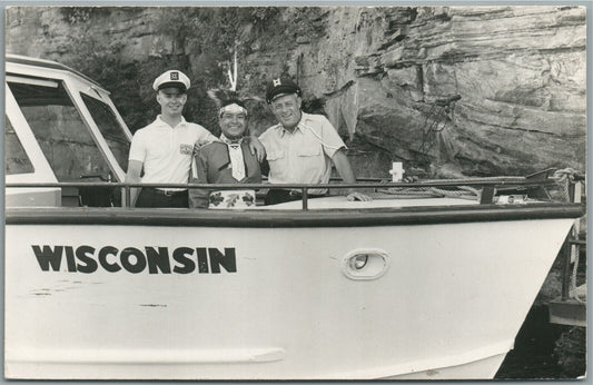 WISCONSIN BOAT RIDE w/ INDIAN CHIEF VINTAGE REAL PHOTO POSTCARD RPPC