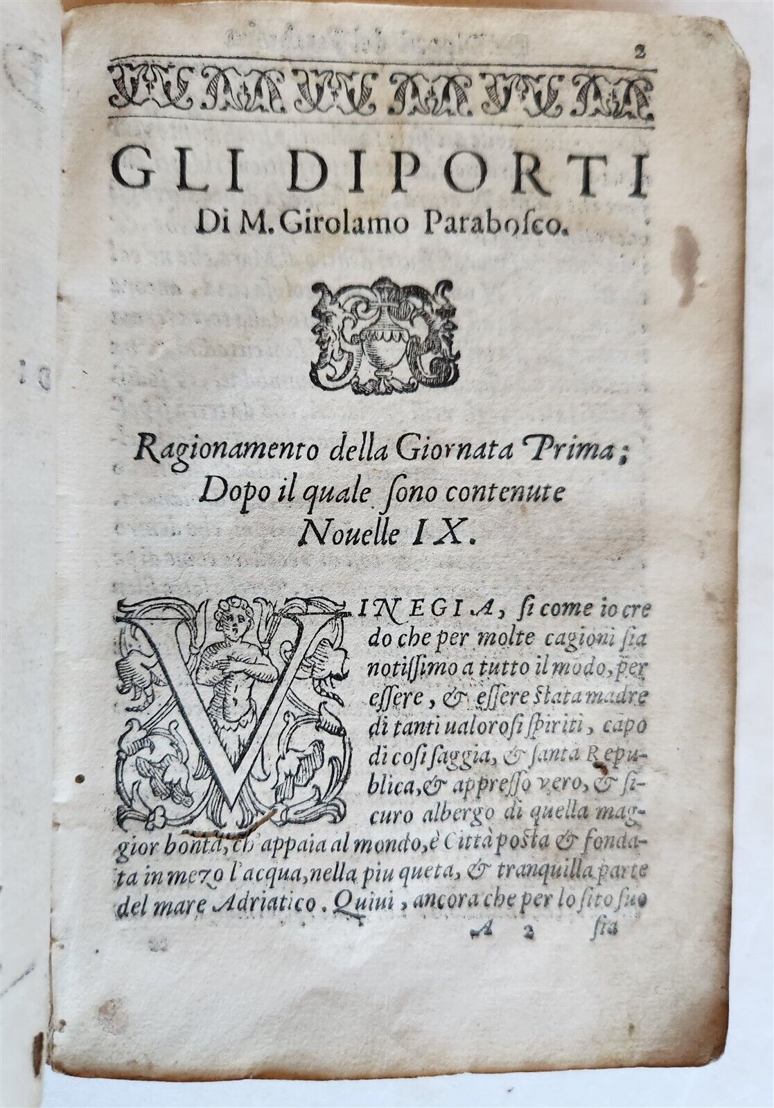 1586 GLI DIPORTI by Girolamo Parabosco antique 16th CENTURY VELLUM BOUND ITALIAN