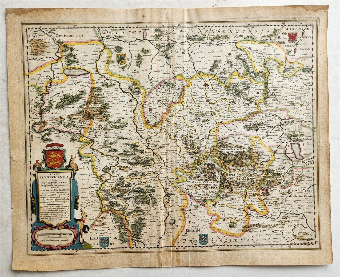 1640 MAP of GERMANY BRAUNSCHWEIG by WILLEM BLAEU antique AUTHENTIC hand colored