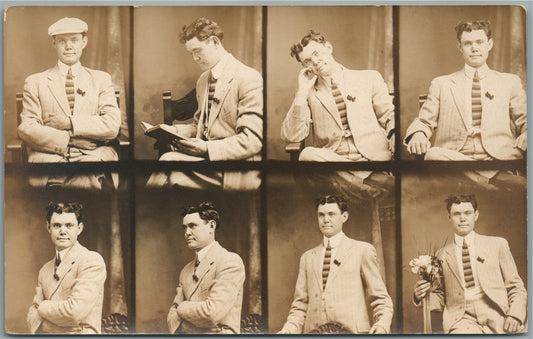 YOUNG MAN MULTIPLE IMAGES ANTIQUE REAL PHOTO POSTCARD RPPC