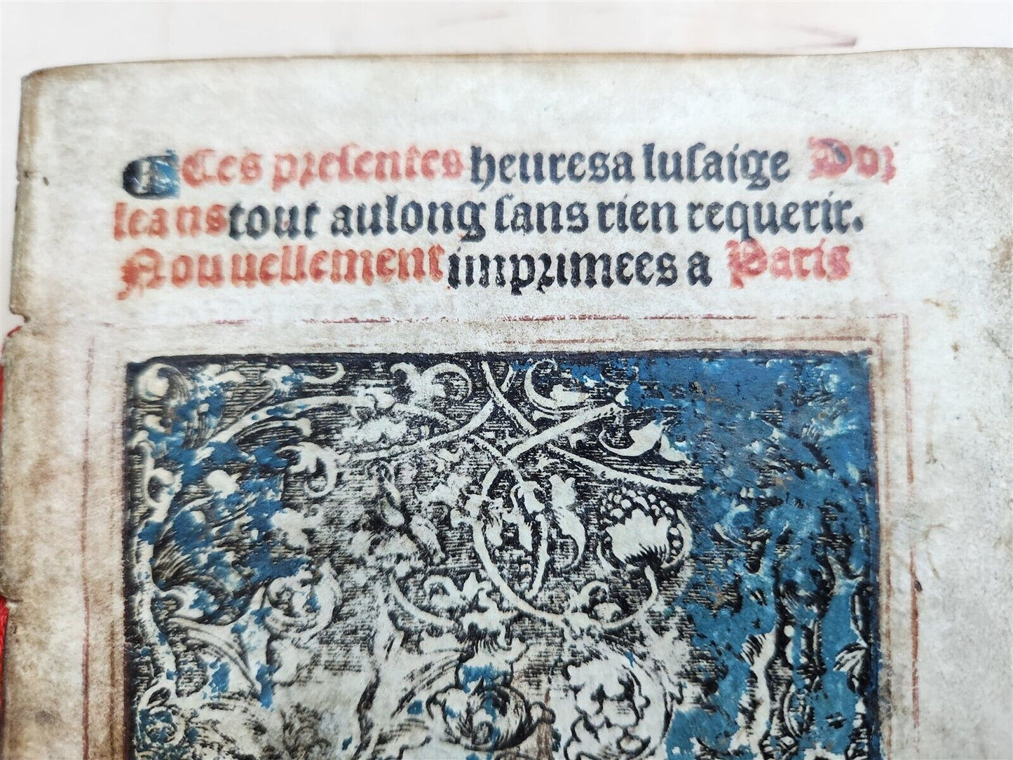 1519 BOOK OF HOURS PRINTED on VELLUM FRAGMENT antique POST-INCUNABULA scarce