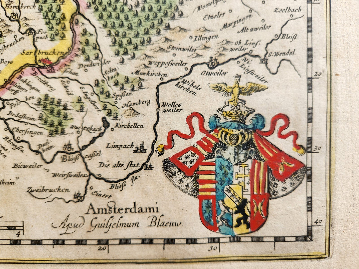 1640 MAP LOTHARINGIA LORRAINE FRANCE WILLEM BLAEU antique AUTHENTIC hand colored