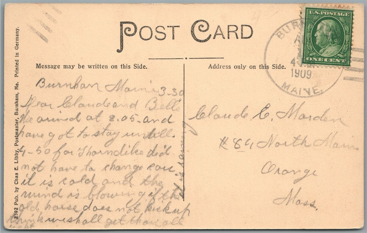 BURNHAM ME CLINTON AVE. ANTIQUE POSTCARD