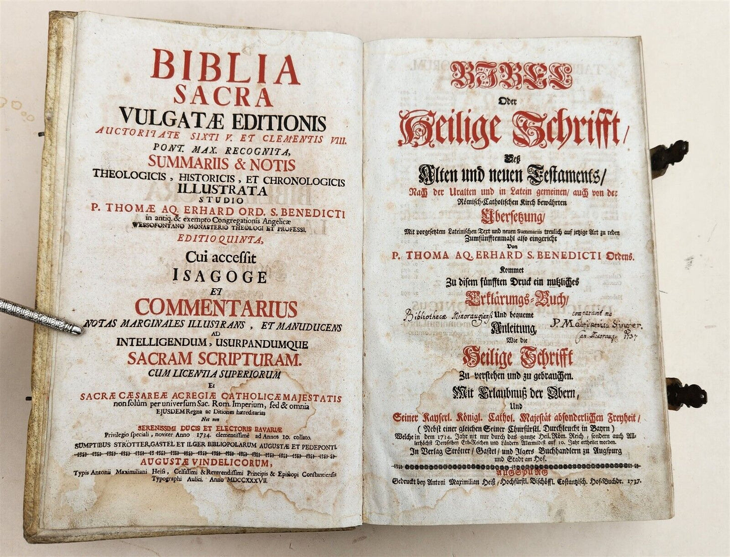 1737 BIBLE in LATIN & GERMAN antique PIGSKIN BOUND FOLIO