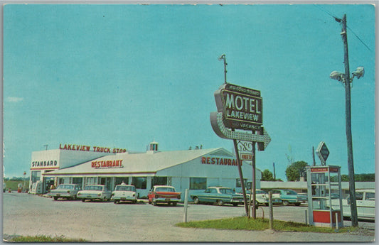 HAUBSTADT IN LAKEVIEW MOTEL & RESTAURANT GAS STATION VINTAGE POSTCARD