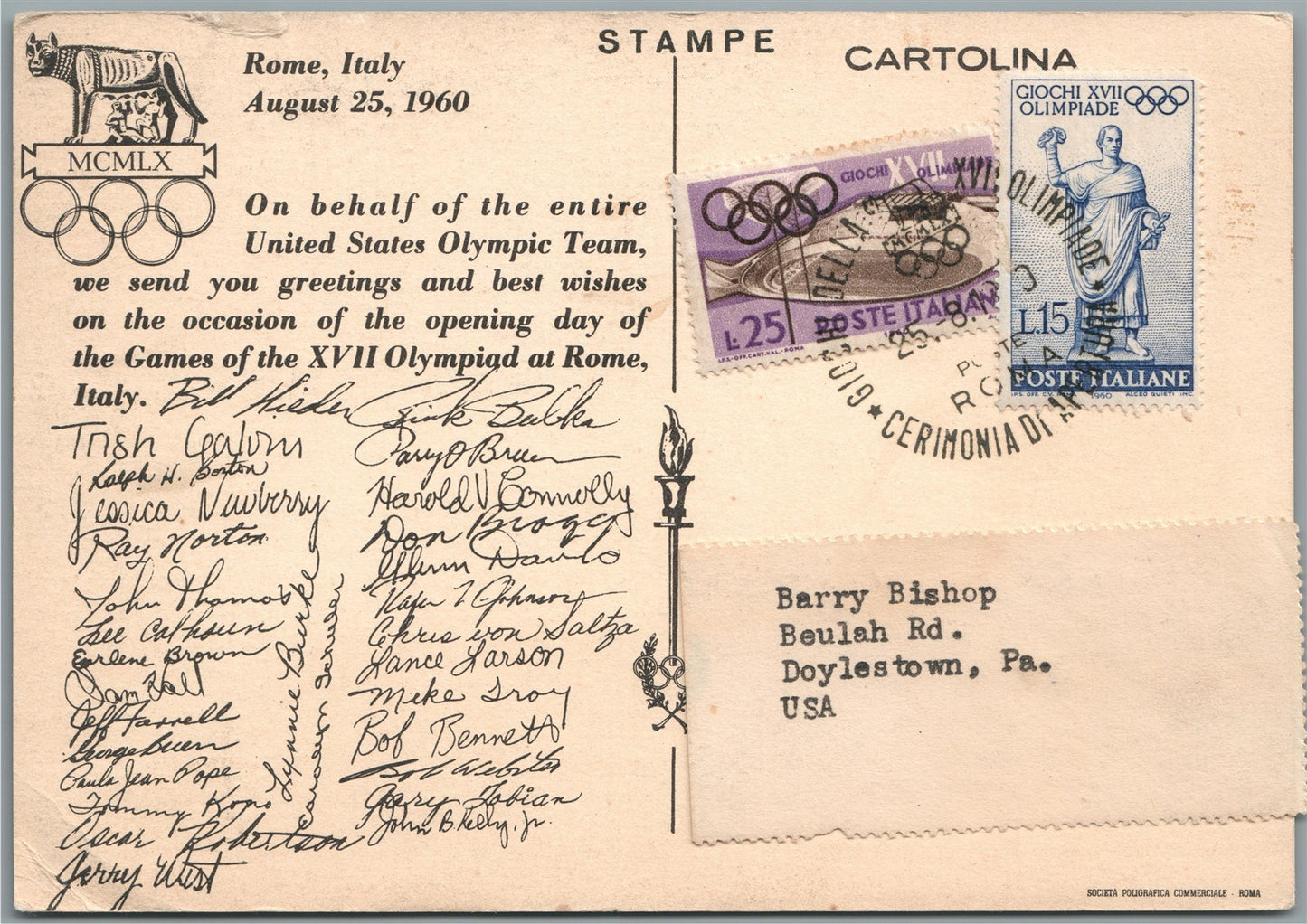 US OLYMPIC TEAM 1960 ROME ITALY VINTAGE POSTCARD w/ STAMPS
