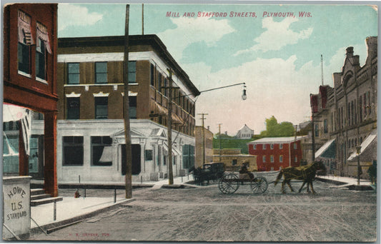 PLYMOUTH WI MILL & STAFFORD STREETS ANTIQUE POSTCARD