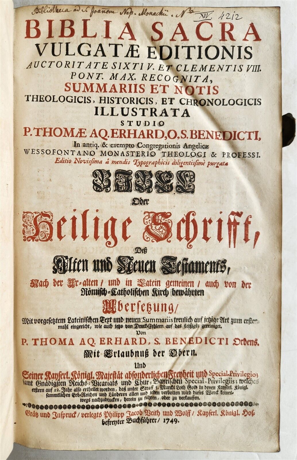 1749 BIBLE in GERMAN & LATIN antique HAND TOOLED PIGSKIN BOUND FOLIO