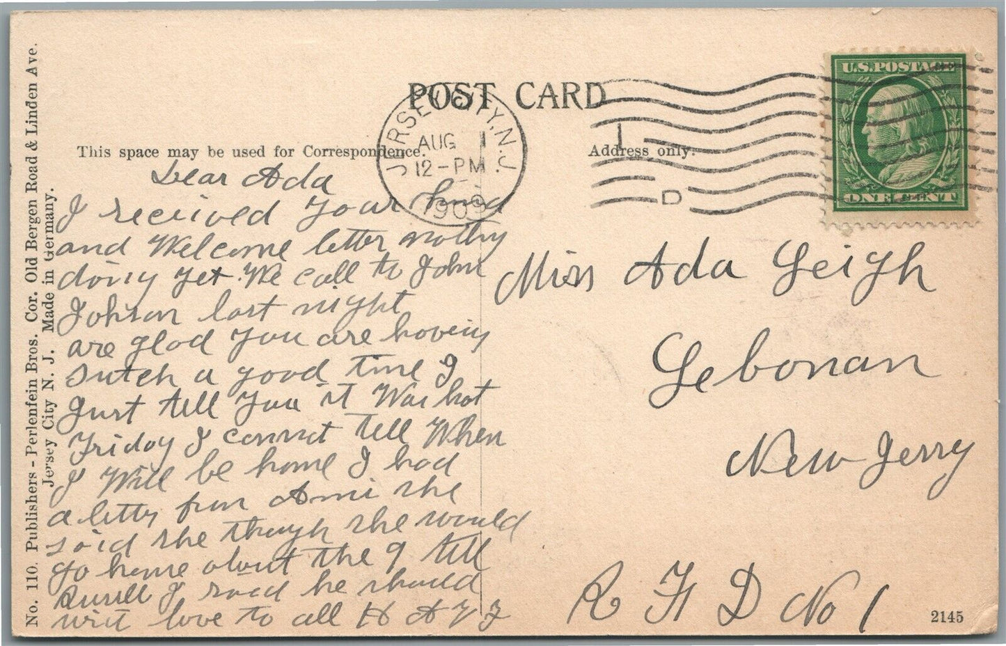 GREENVILLE NJ DANFORTH AVE. ANTIQUE POSTCARD