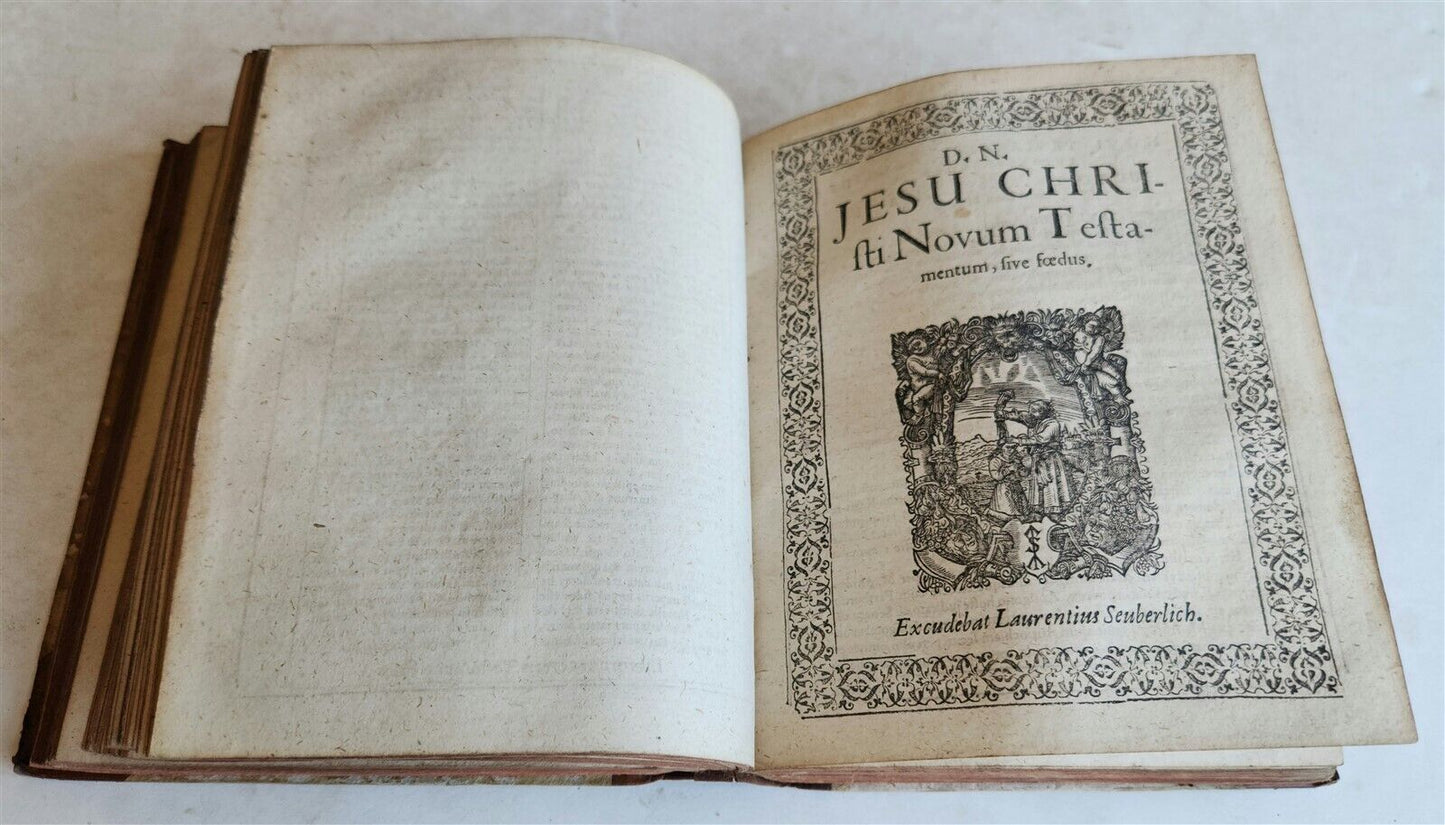 1602 BIBLE in LATIN ILLUSTRATED w/ MAP & NUMEROUS WOODCUTS antique
