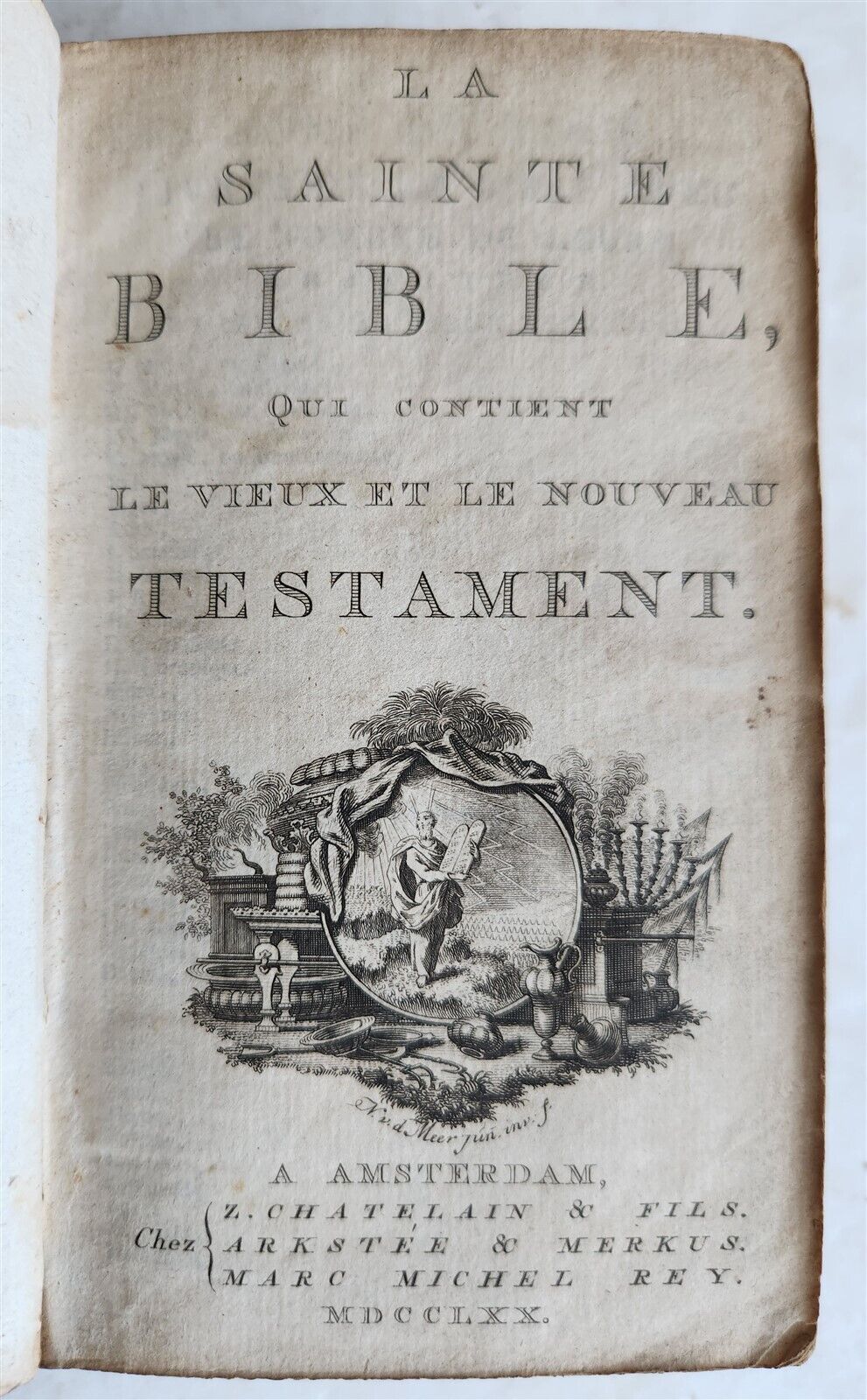 1765 BIBLE in FRENCH w/ PSALMS antique RICHLY GILT DECORATIVE BINDING