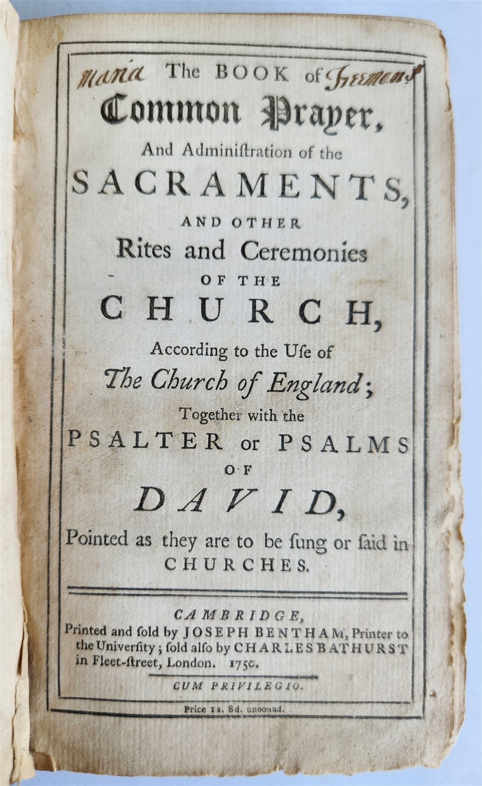 1750 BOOK of COMMON PRAYER w/ PSALTER or PSALMS of DAVID antique in ENGLISH
