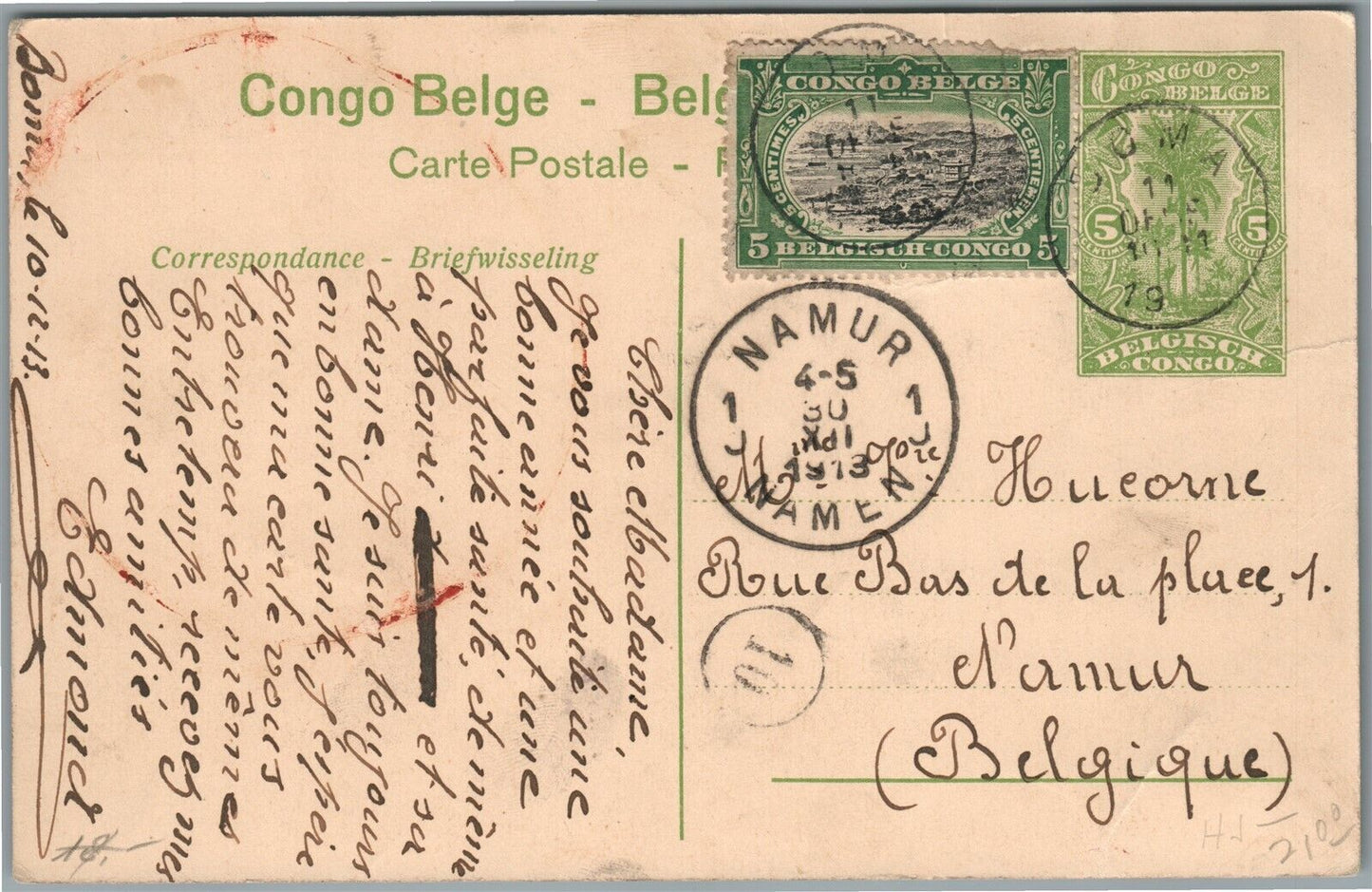 BELGIAN CONGO LEOPOLDVILLE ANTIQUE POSTCARD w/ STAMPS
