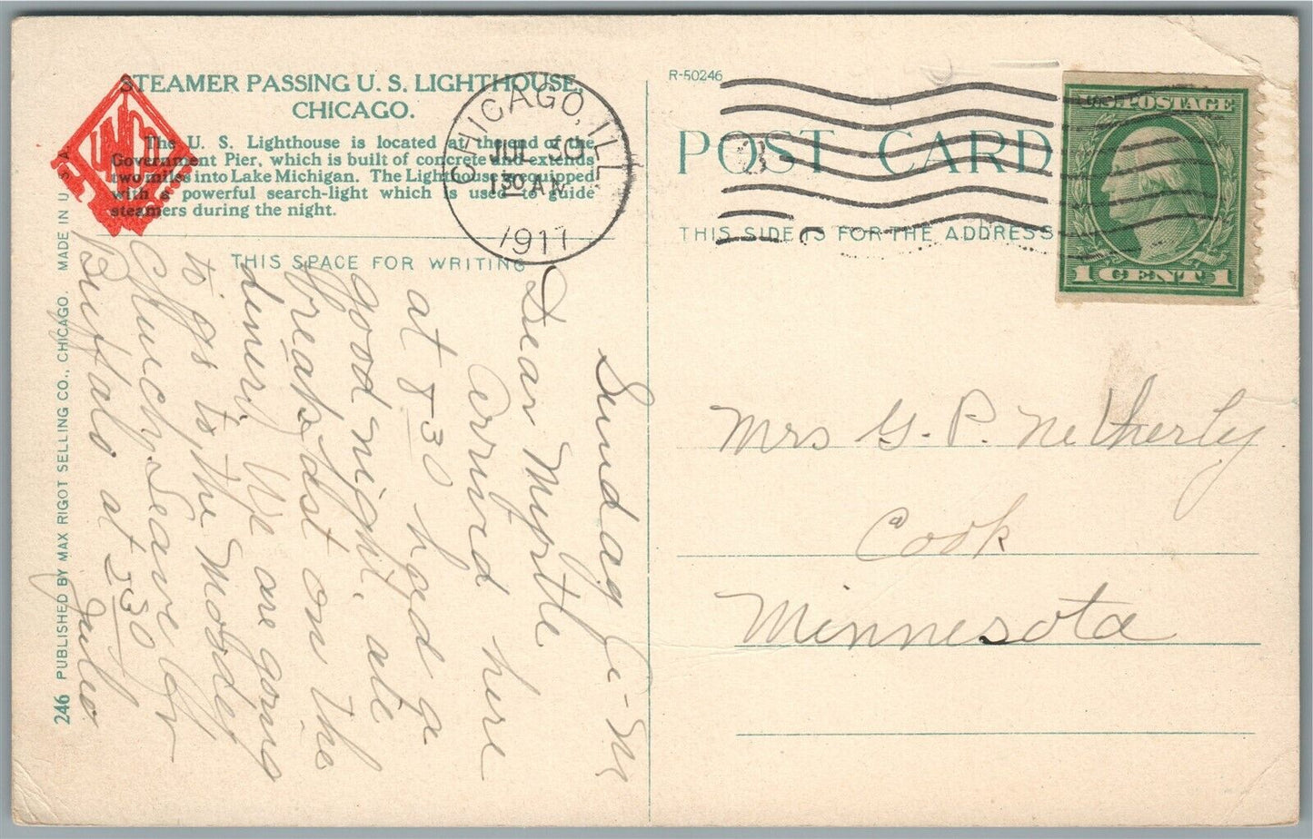 CHICAGO IL STEAMER PASSING US LIGHTHOUSE ANTIQUE POSTCARD