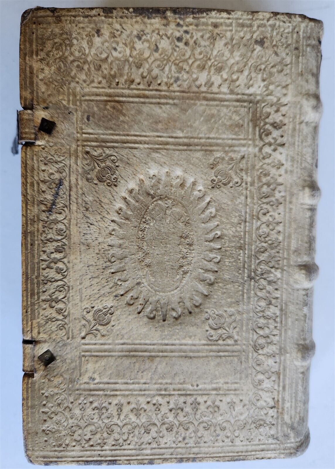 1610 BIBLE COMMENTARY by PETRUS AUREOLI antique BLIND STAMPED PIGSKIN w/ CLASPS