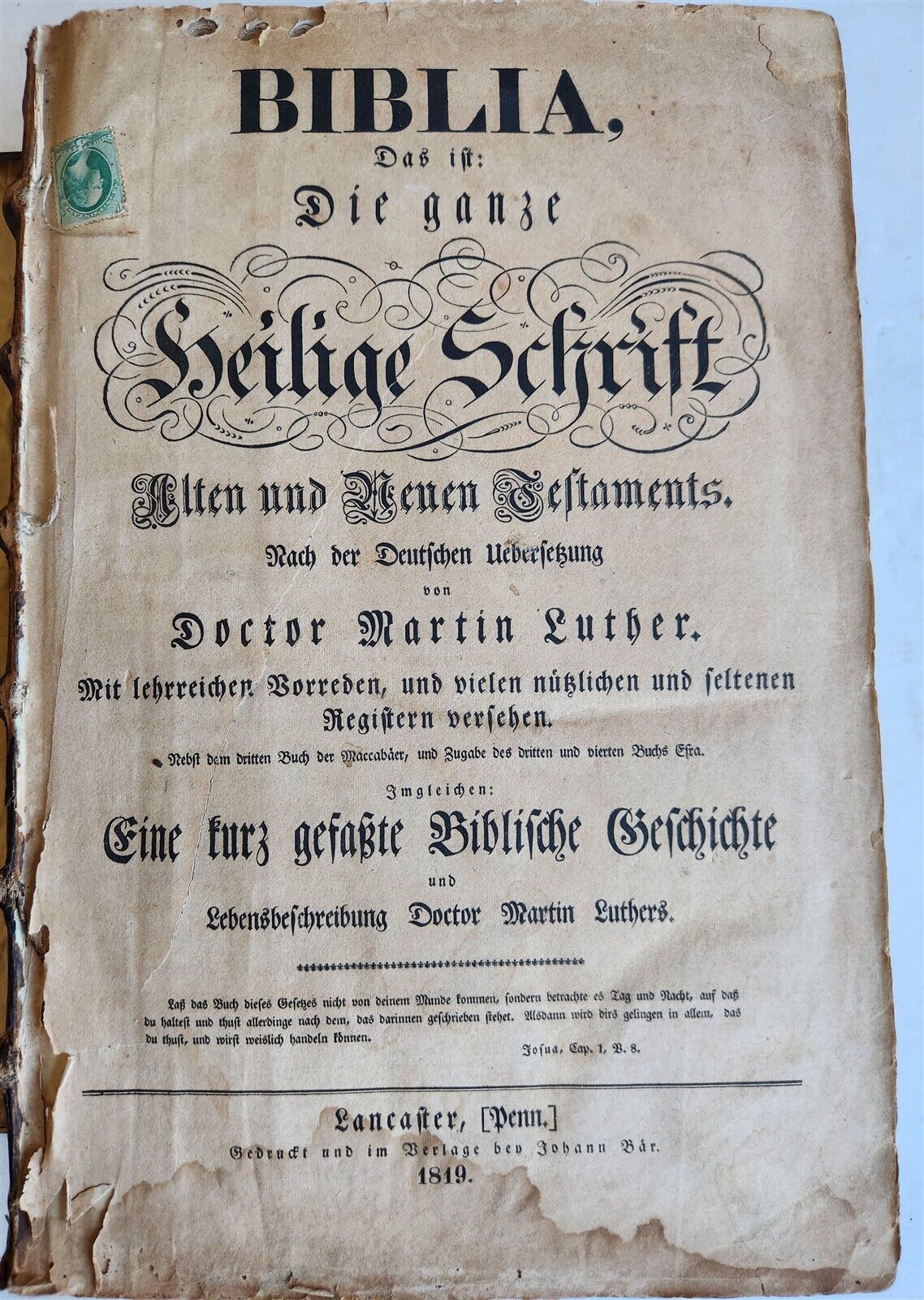 1819 BIBLE 1st Folio Ed PENNSYLVANIA GERMAN Lancaster PA JOHANN BAR antique RARE