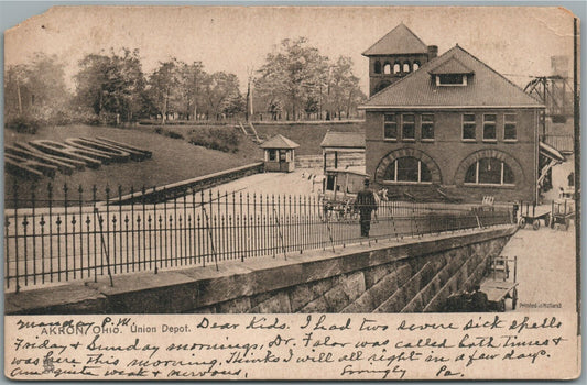 AKRON OH UNION RAILROAD STATION RAILWAY DEPOT 1908 ANTIQUE POSTCARD
