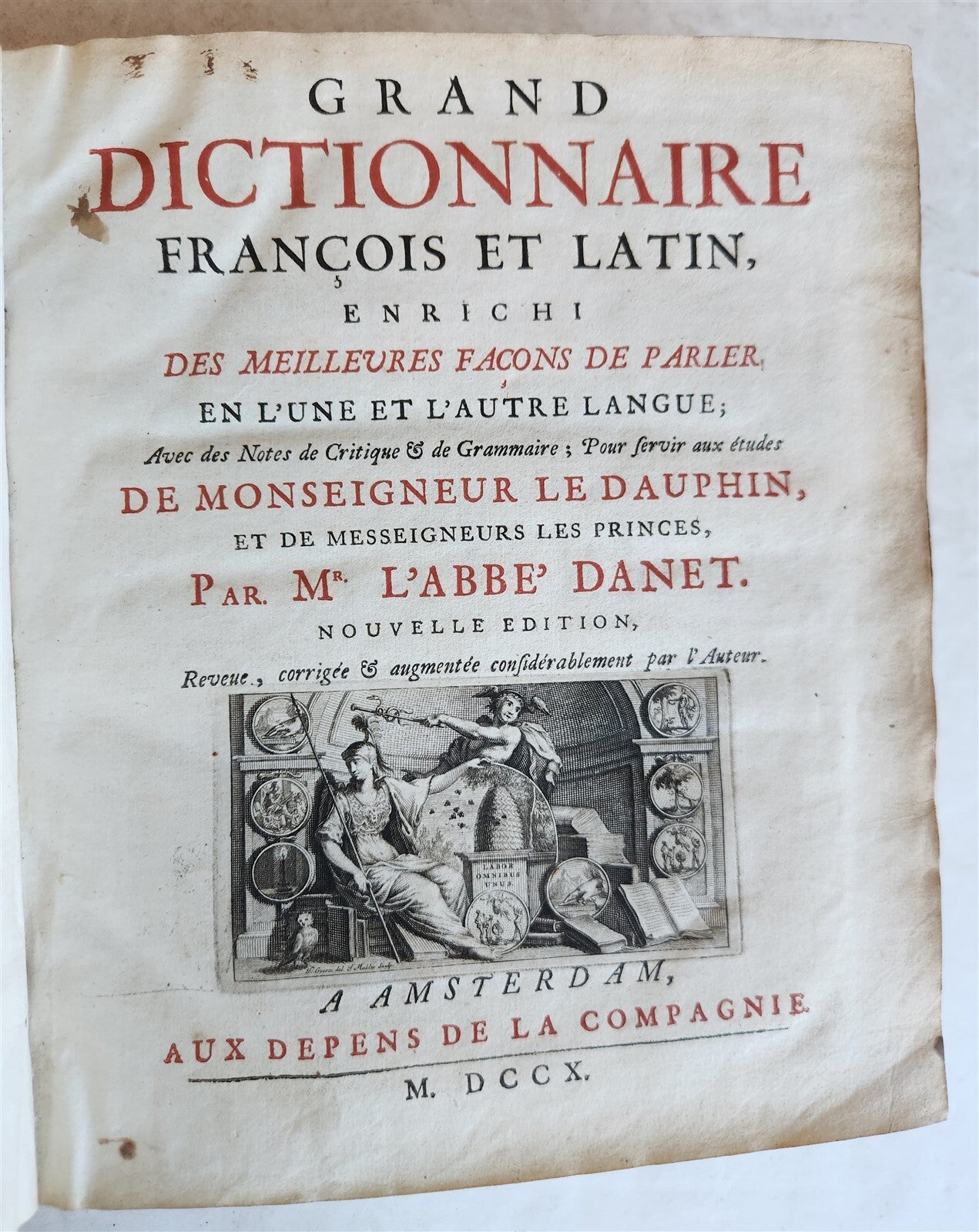 1710 LATIN FRENCH DICTIONARY antique w/ BLIND STAMPED VELLUM BINDING