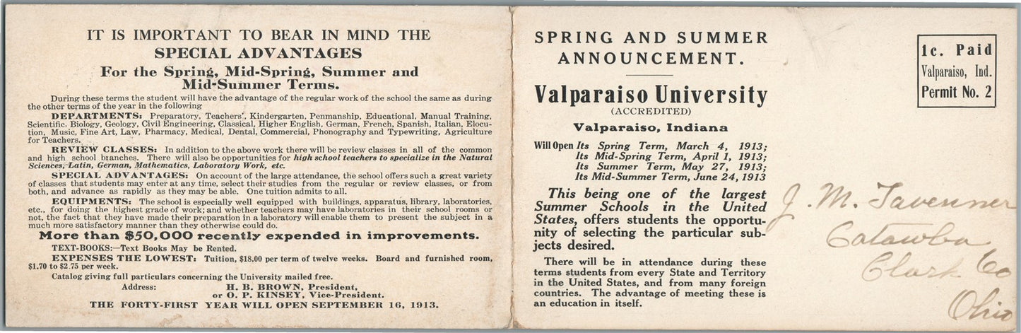 VALPARAISO IN UNIVERSITY PLACE FOLDING DOUBLE ANTIQUE POSTCARD
