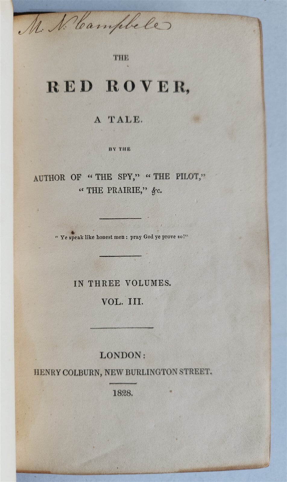 1828 JAMES FENIMORE COOPER ENGLISH EDITION THE RED ROVER A TALE antique 3 vols