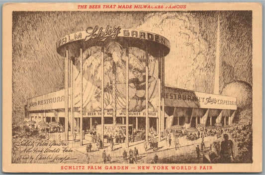 NEW YORK WORLD'S FAIR SCHLITZ PALM GARDEN MILWAUKEE BEER ANTIQUE POSTCARD