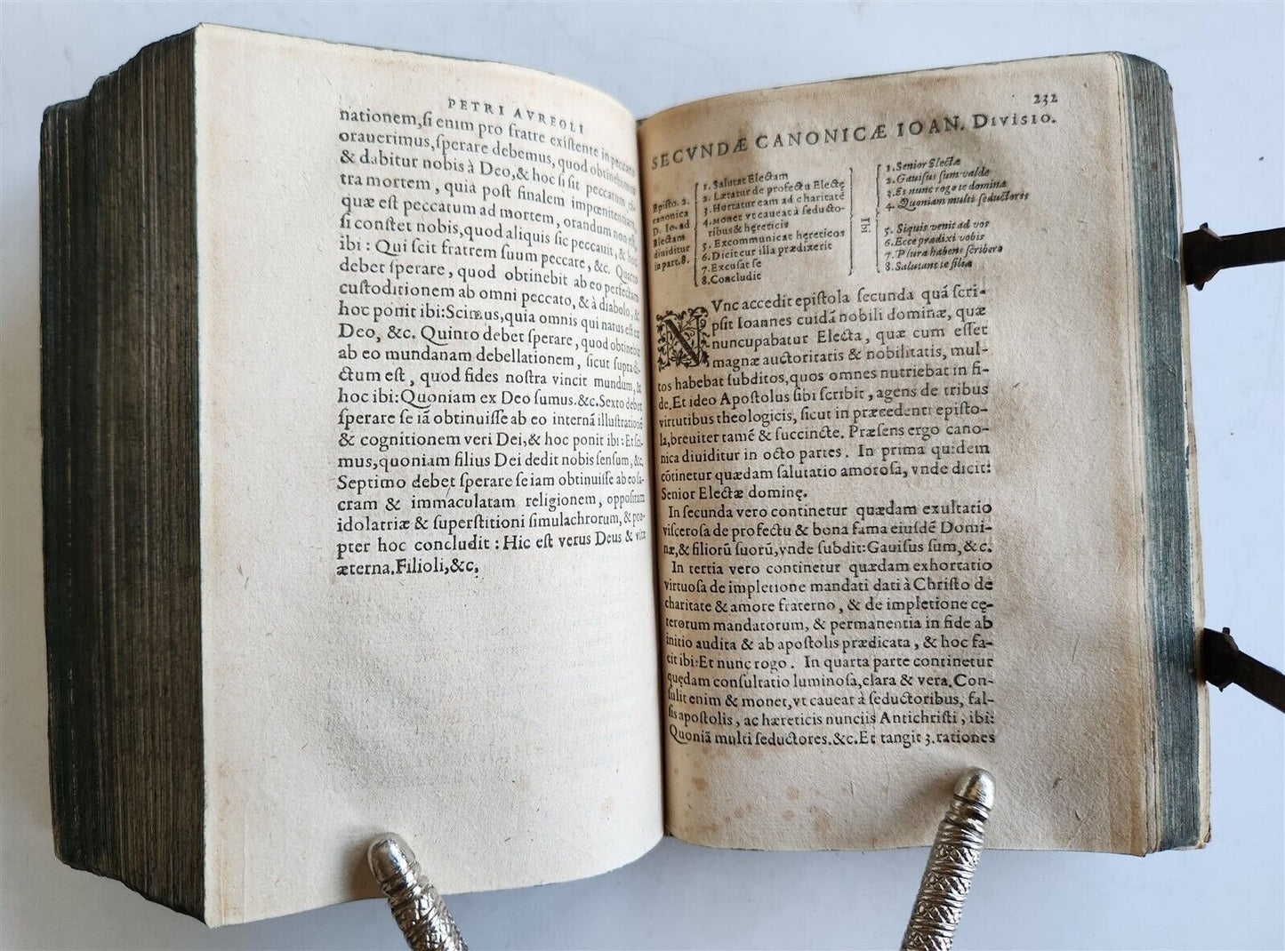 1610 BIBLE COMMENTARY by PETRUS AUREOLI antique BLIND STAMPED PIGSKIN w/ CLASPS