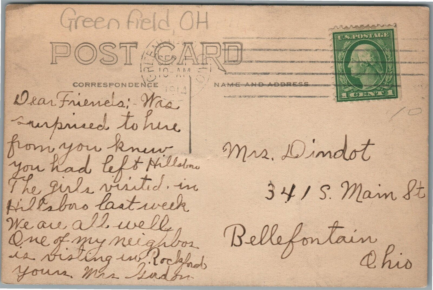 GREENFIELD OH CHURCH 1914 ANTIQUE REAL PHOTO POSTCARD RPPC