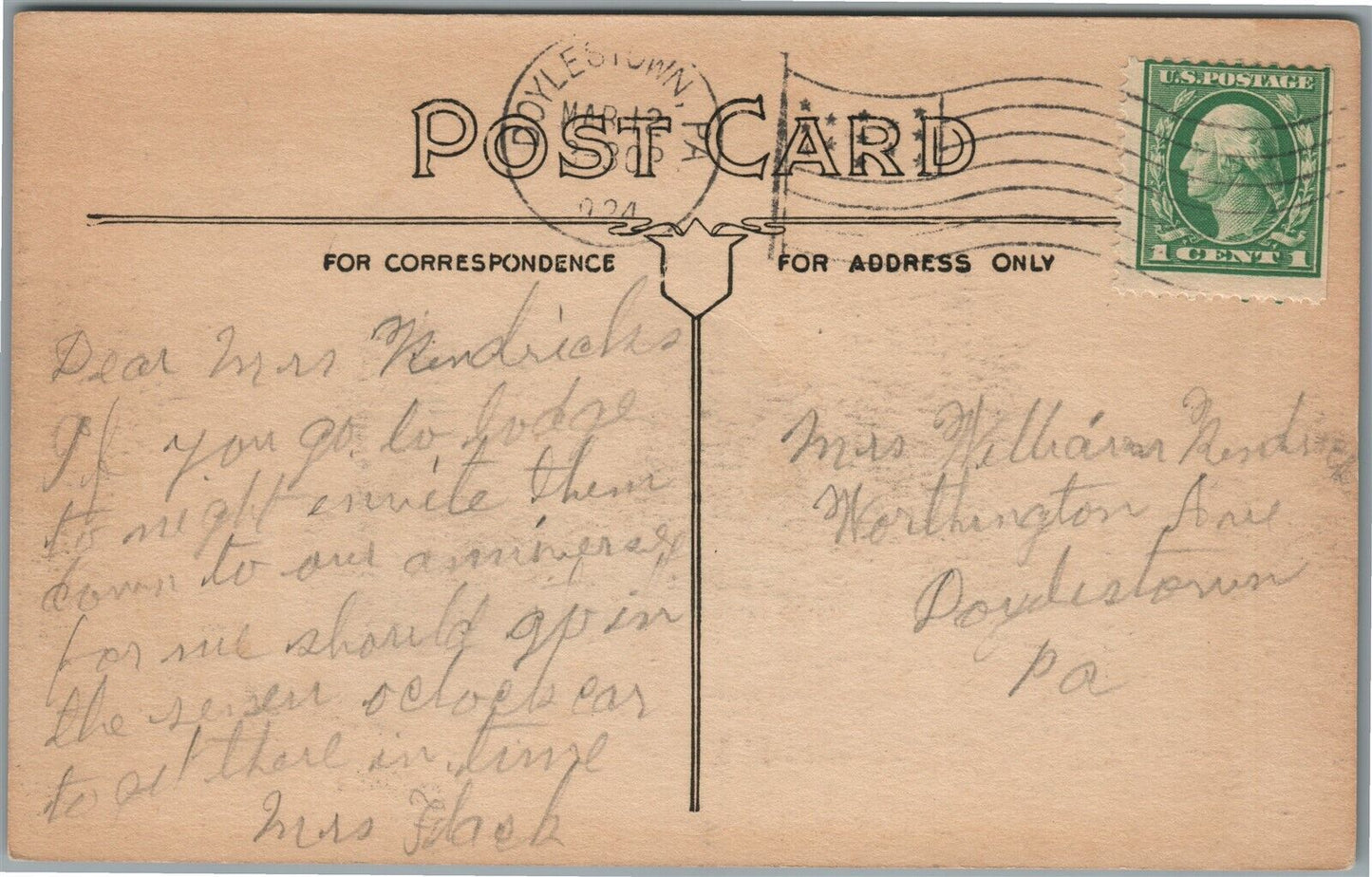 DOYLESTOWN PA HIGH SCHOOL 1924 ANTIQUE POSTCARD