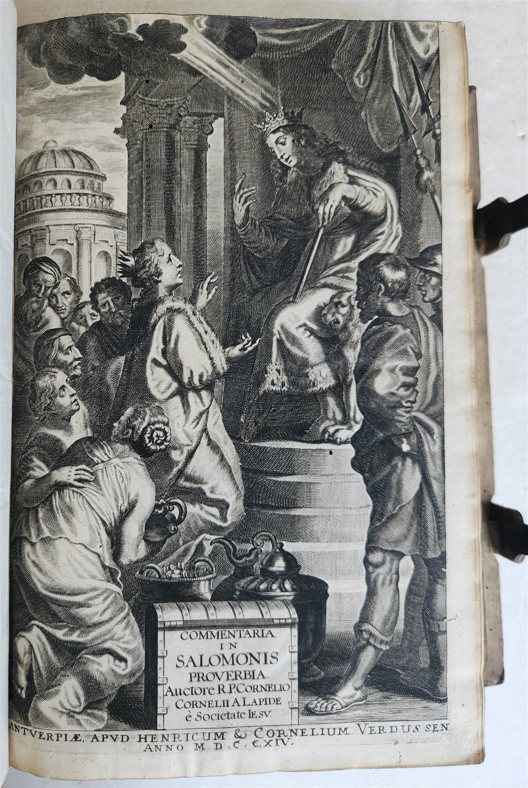 1716 COMMENTARIA in PROVERBIA SALOMONIS PIGSKIN BOUND FOLIO w/ CLASPS antique