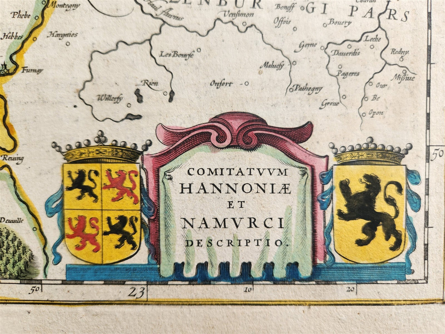 1640 MAP of Hainaut Namur BELGIUM by WILLEM BLAEU antique AUTHENTIC hand colored