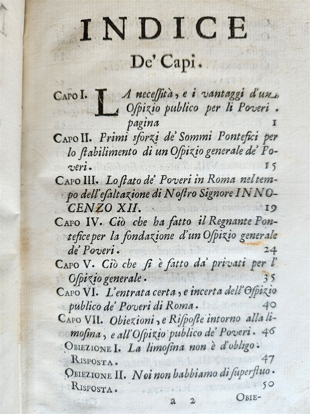 1693 LA MENDICITA PROVEDUTA NELLA CITTA DI ROMA antique in ITALIAN