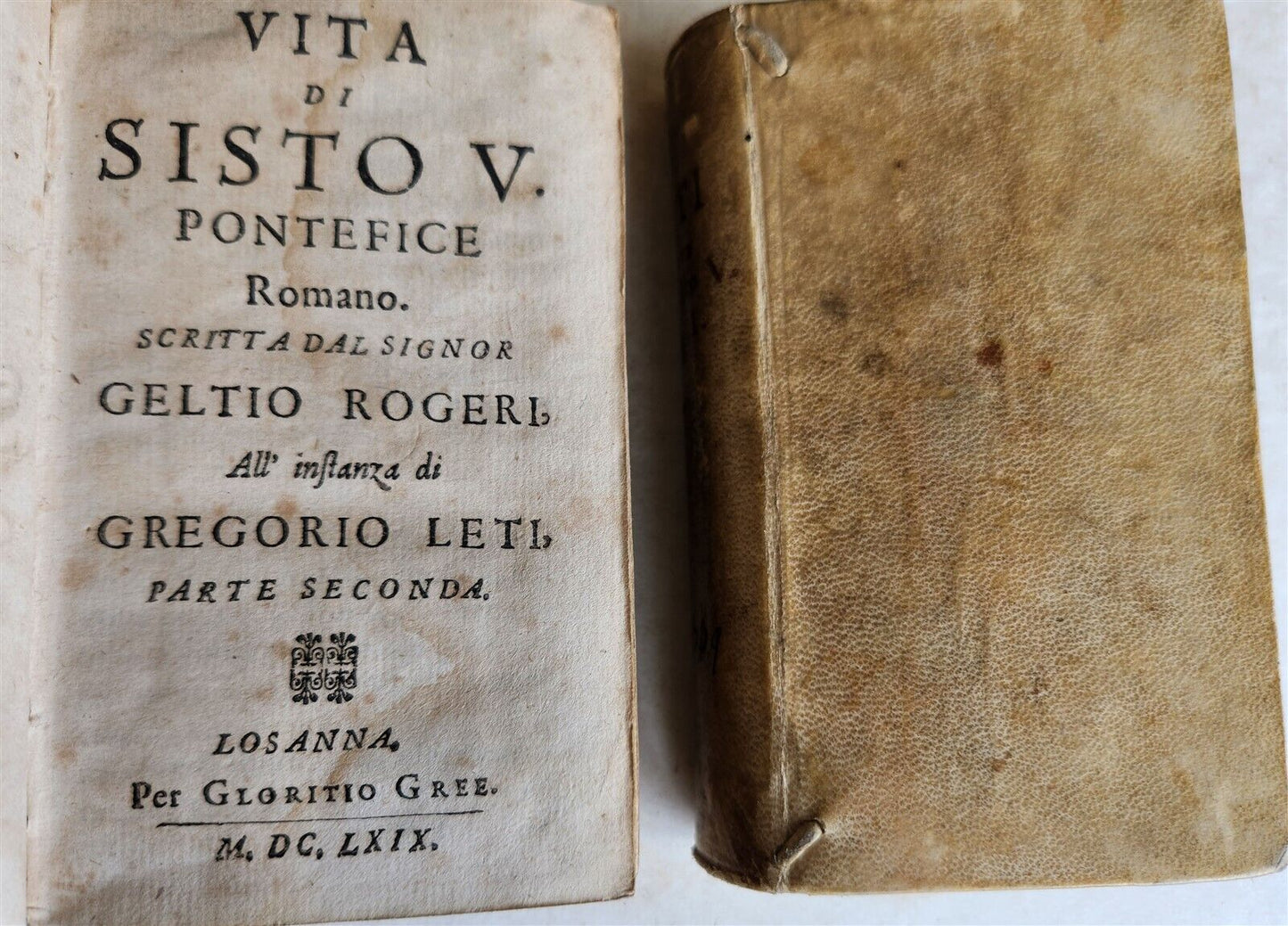 1669 VITA di SISTO V PONTEFICE ROMANO antique 2 VOLUMES vellum binding