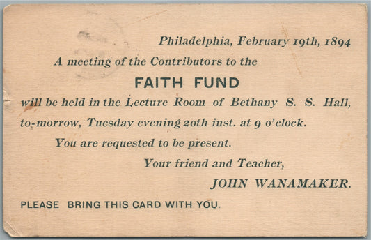 PHILADELPHIA PA JOHN WANAMAKER FAITH FUND MEETING INVITATION ANTIQUE POSTCARD