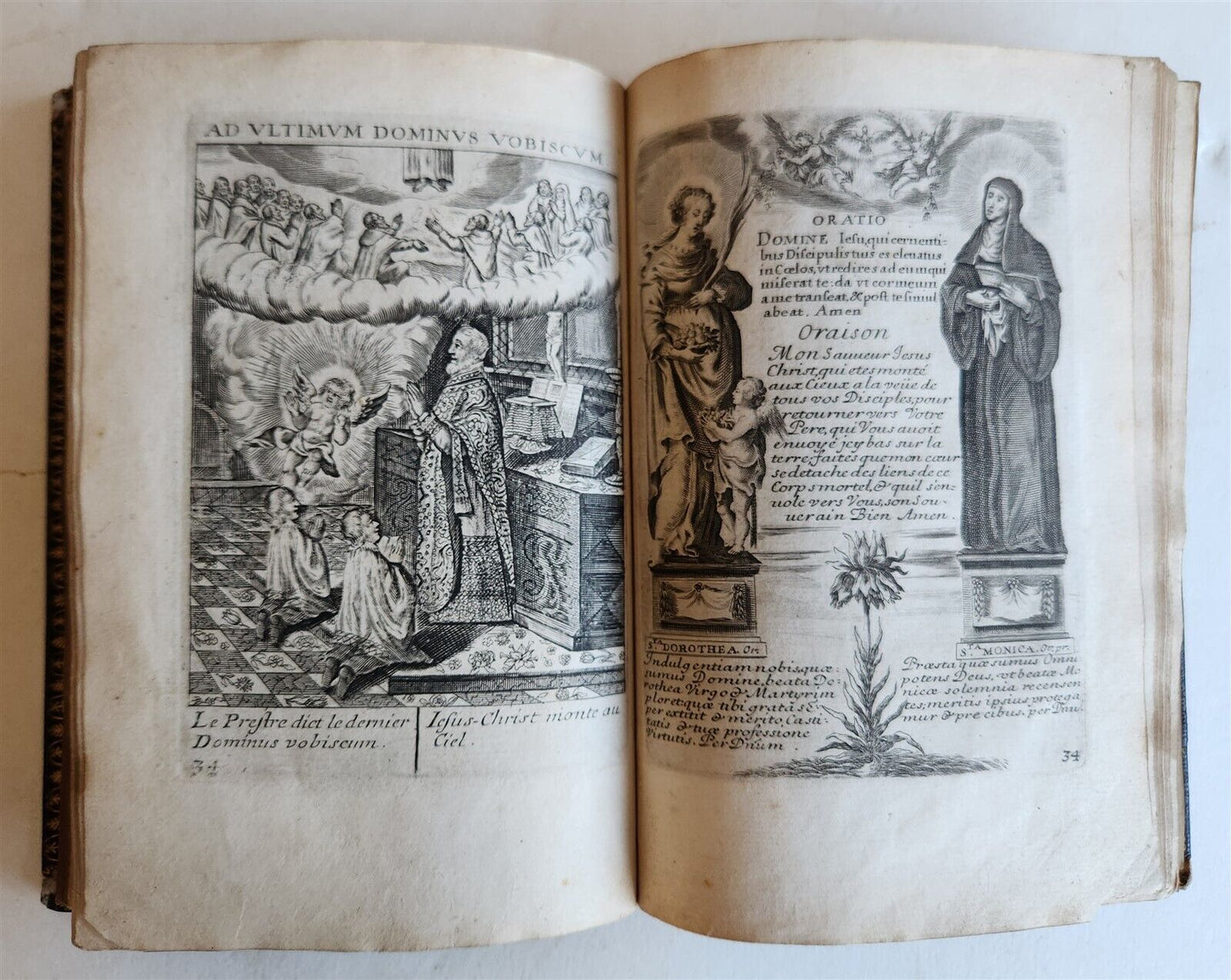 1651 PRAYER BOOK in FRENCH & LATIN BEAUTIFULLY ILLUSTRATED antique FINE BINDING