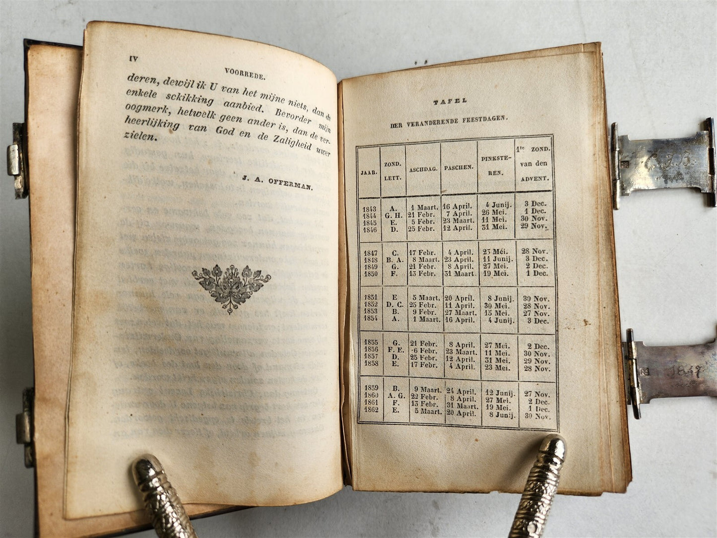 1843 DUTCH CHURCH BOOK antique w/ SILVER EDGES & CLASPS