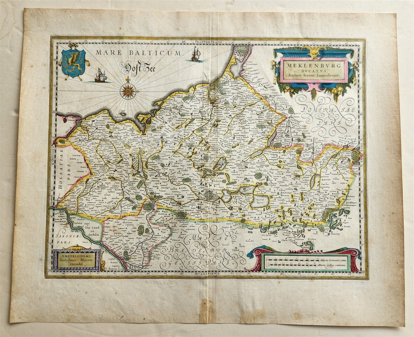 1640 MAP of GERMANY MECKLENBURG by WILLEM BLAEU antique AUTHENTIC hand colored