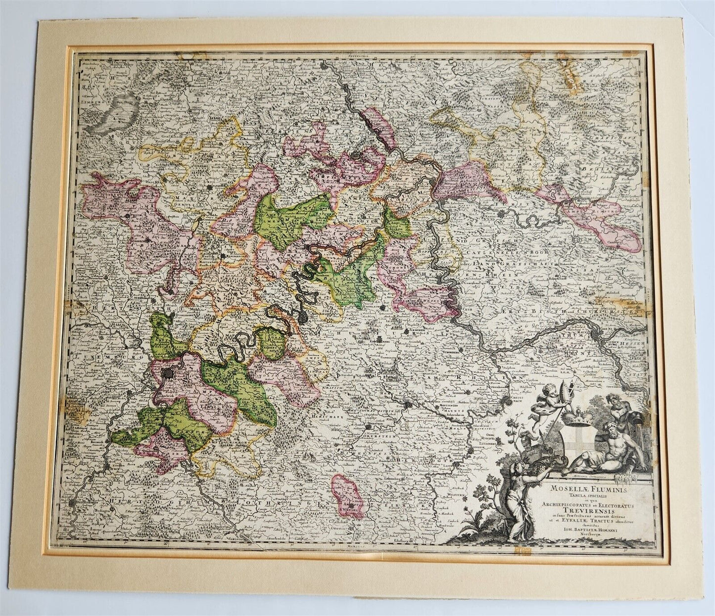 1720s MAP of GERMANY MOSELLE RIVER by J.B.HOMANN antique AUTHENTIC hand colored