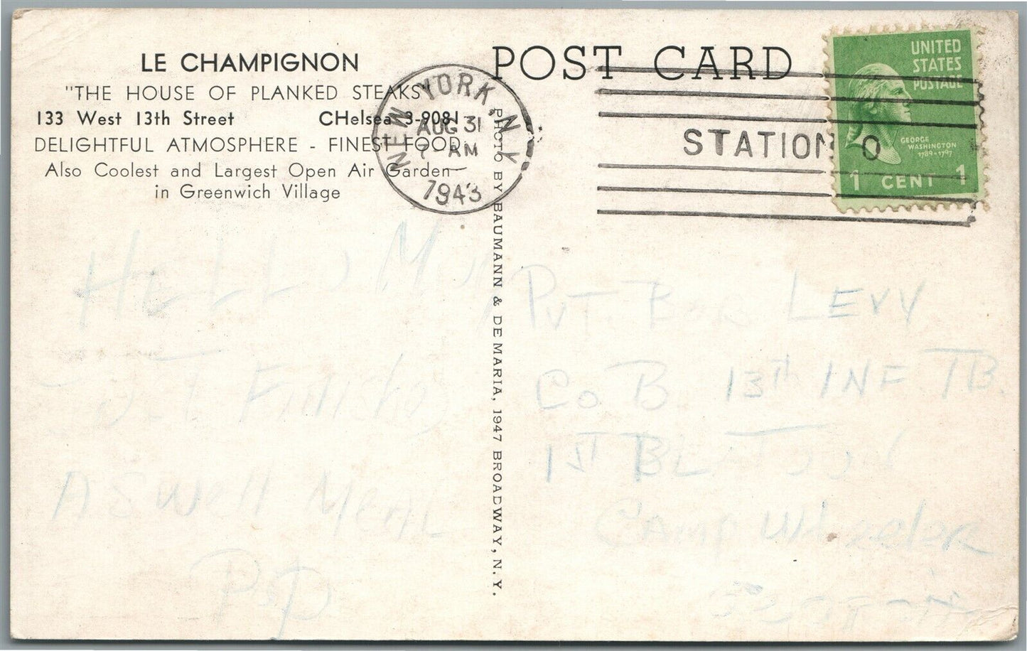 NEW YORK NY West 13th STR HOUSE of PLANKED STEAKS LE CHAMPIGNON ANTIQUE POSTCARD