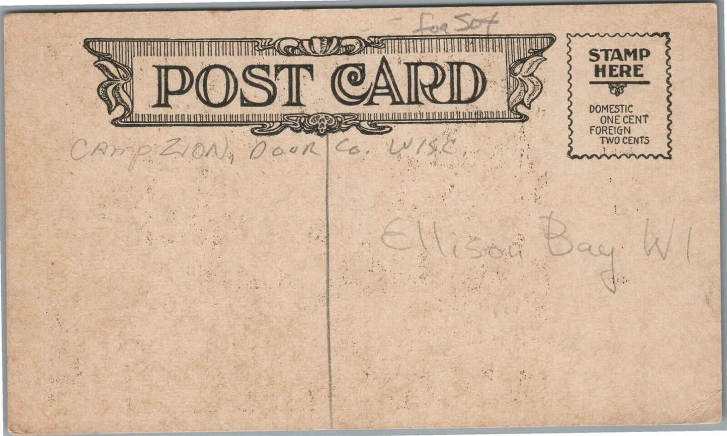 ELLISON BAY WI CAMP ZION FIRE SCENE ANTIQUE POSTCARD