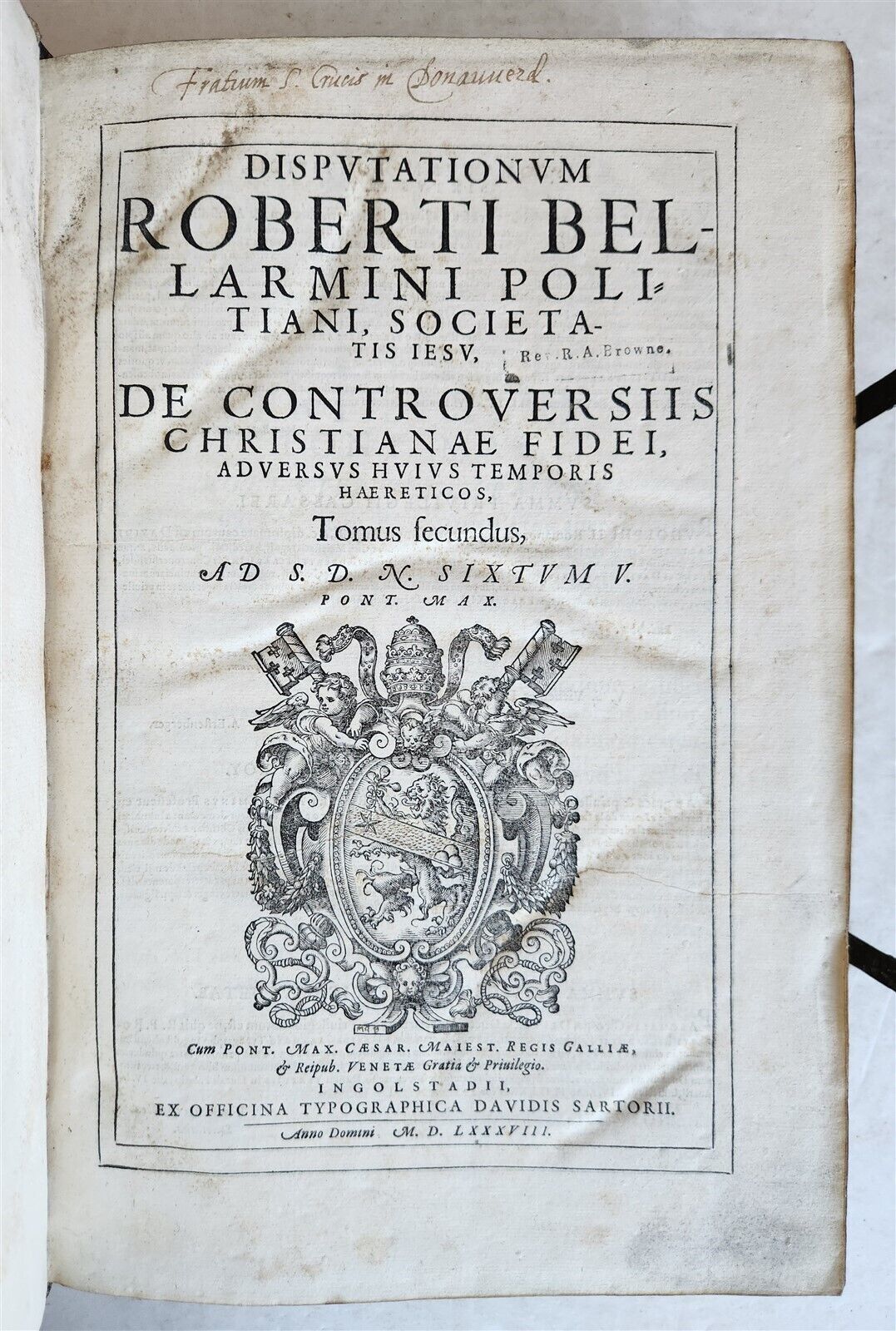 1588 DISPUTATIONES AGAINST HERETICS ROBERTI BELLARMINI antique PIGSKIN FOLIO v.2