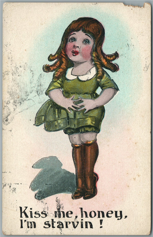 GREAT DEPRESSION ERA ANTIQUE SATIRICAL POSTCARD - KISS ME HONEY I AM STARVIN!