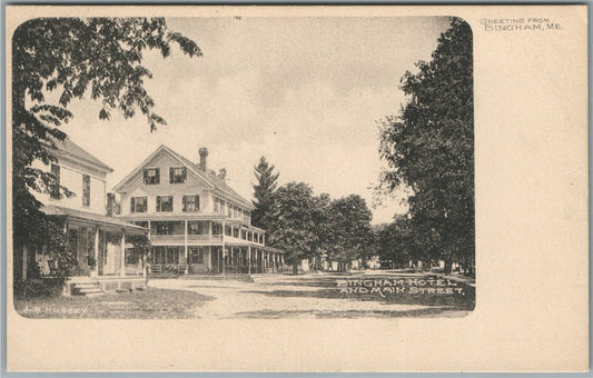 BINGHAM ME HOTEL & MAIN STREET ANTIQUE POSTCARD