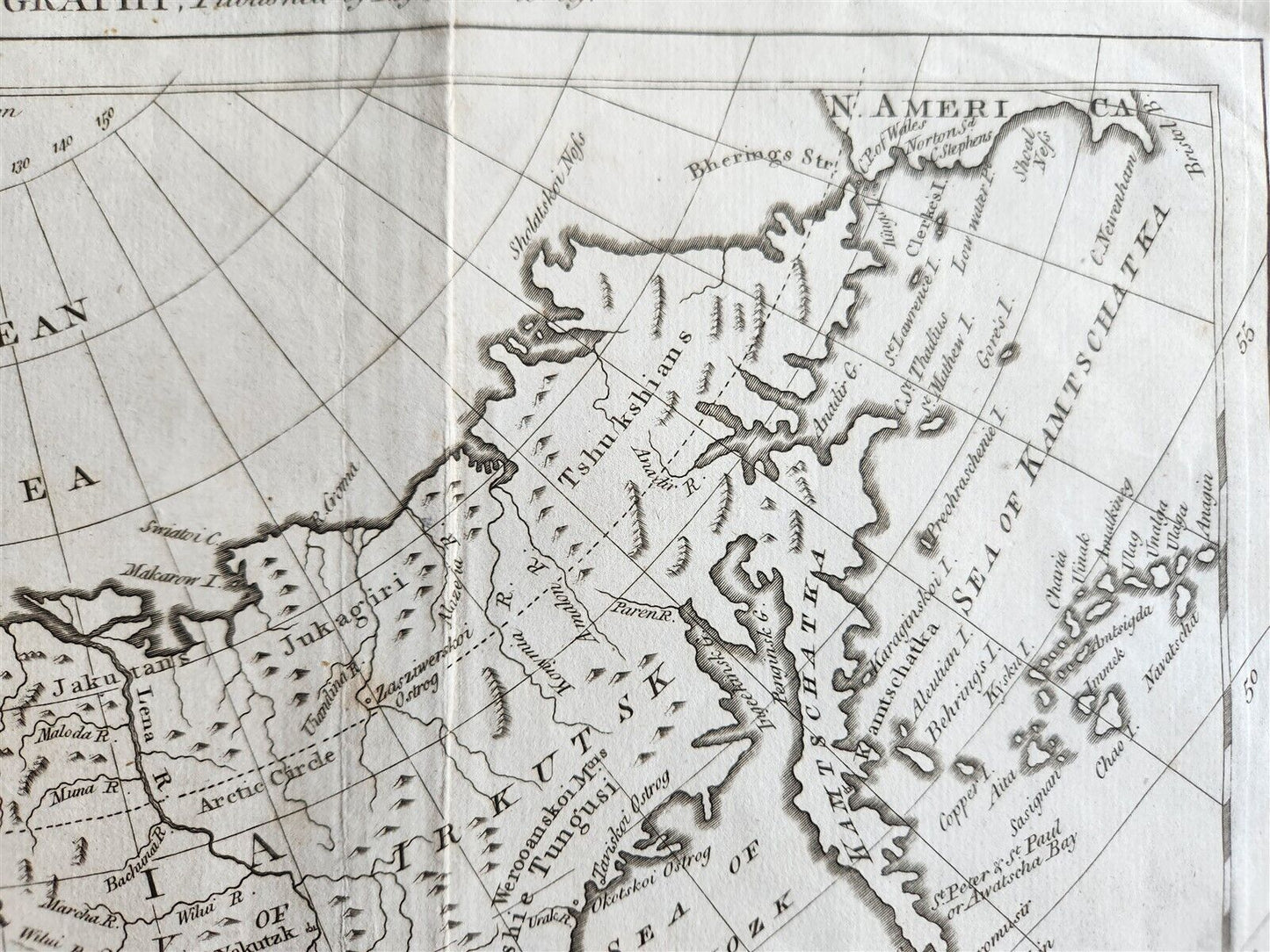 1785 RUSSIAN EMPIRE Discoveries between Asia and North America antique MAP