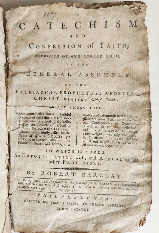 1788 CATECHISM & CONFESSION of FAITH by ROBERT BARCLAY antique AMERICANA QUAKERS